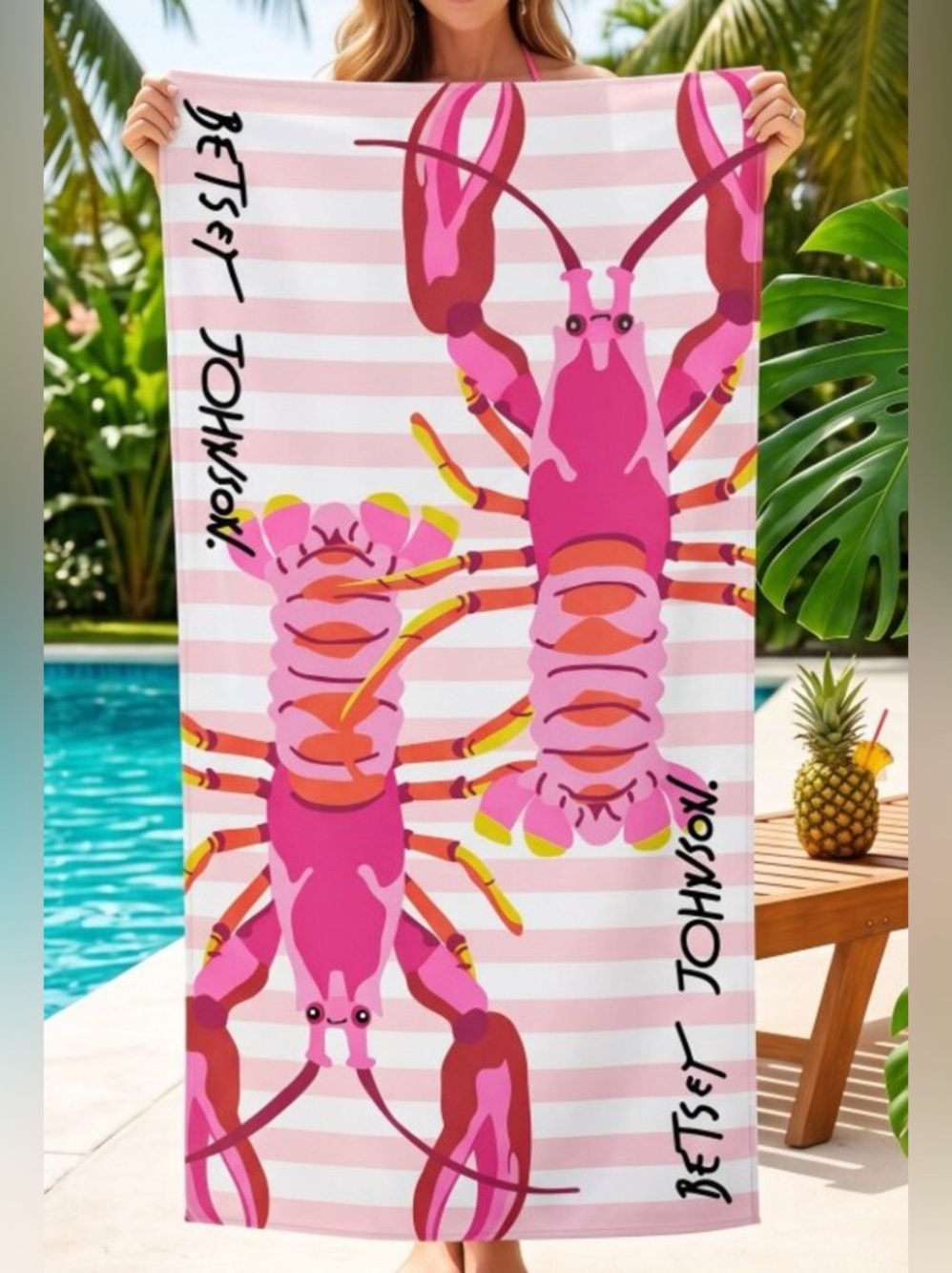 Betsey Johnson Lobster
Beach Towel Pink & White striped NWT 100% Cotton